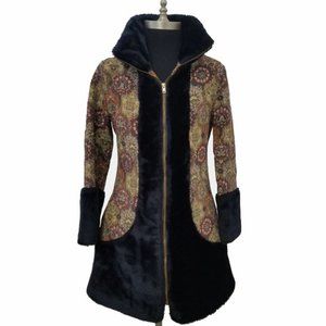 Vtg 60s Boho Tapestry Faux Fur Coat XS